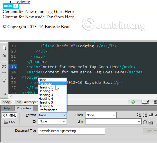Chọn Paragraph từ menu Format trong Property Inspector