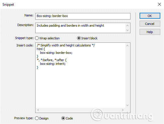 Chọn tùy chọn trong hộp thoại Snippet