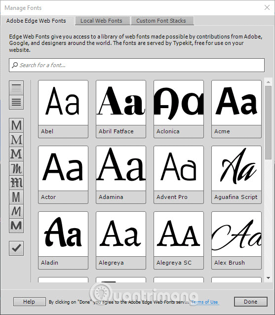 Mở bảng Manage Fonts