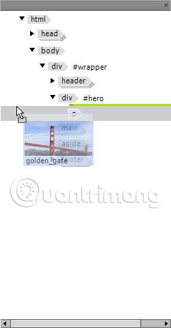 Tiếp tục kéo qua bảng điều khiển nổi cho đến khi đường màu xanh nằm giữa div #heroelement và p sau