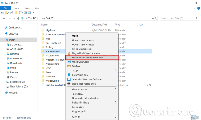 Chọn Open PowerShell window here
