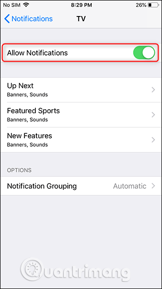 Tắt tùy chọn Allow Notifications 