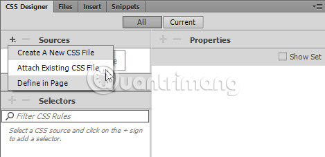 Chọn Attach Existing CSS File