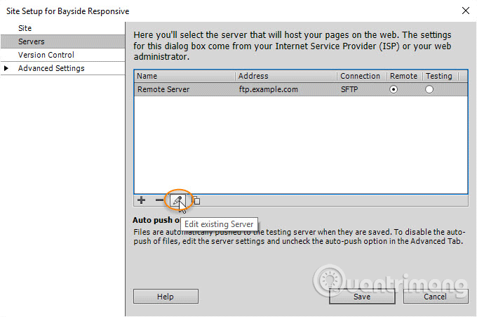 Click vào biểu tượng Edit existing server icon