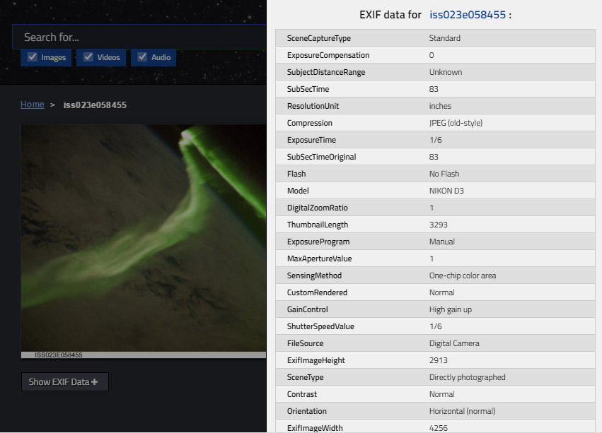 Những bức ảnh được NaSA miễn phí đều giữ nguyên các thông tin về EXIF