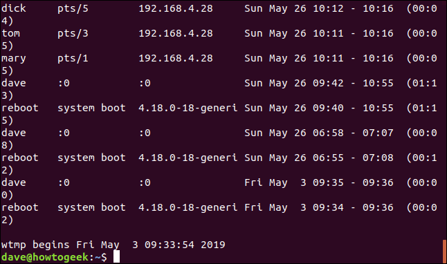 Liệt kê bản ghi từ wtmp