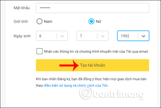 Nhấn tạo tài khoản