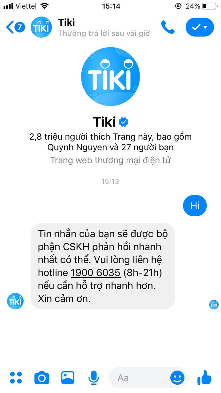 Nhắn tin đến Tiki