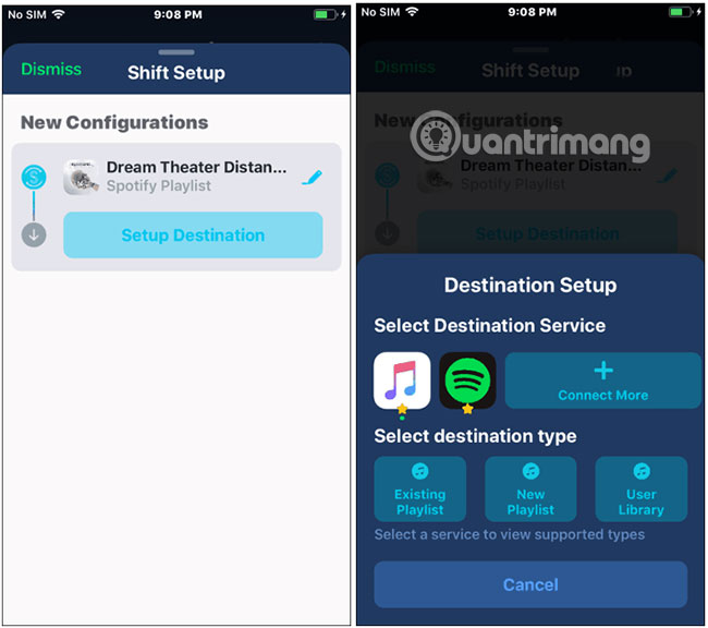 Chạm vào nút Setup Destination