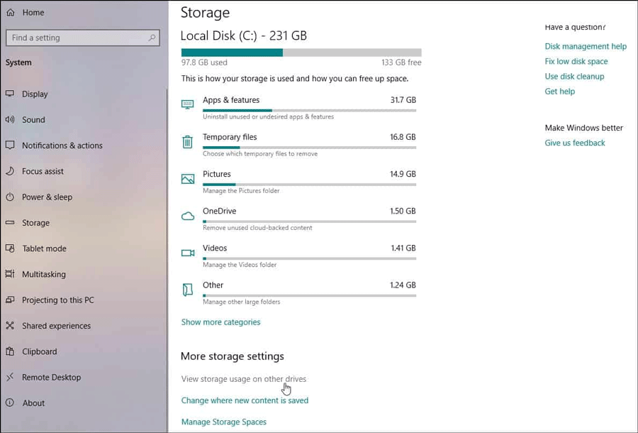 Click vào liên kết View storage usage on other devices