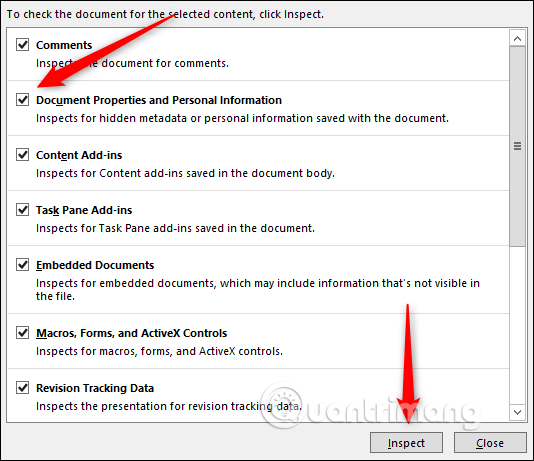 Select Document Properties and Personal Information