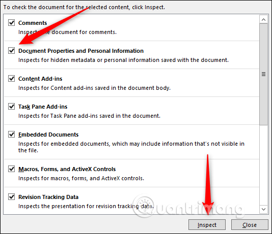 Chọn Document Properties and Personal Information