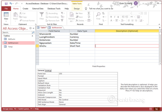 Tạo bảng tblHRData sử dụng Table Design View