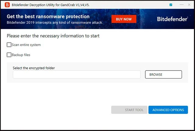 Chọn tùy chọn giải mã cho công cụ Bitdefender GandCrab