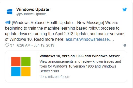 Thông báo của Windows Update trên Twitter