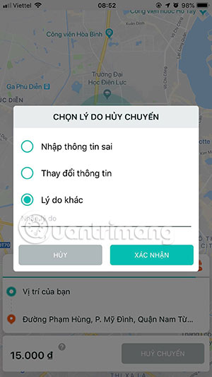 Chọn lý do hủy chuyến
