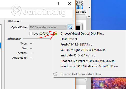 Nhấp vào tùy chọn Choose Virtual Optical Disk File