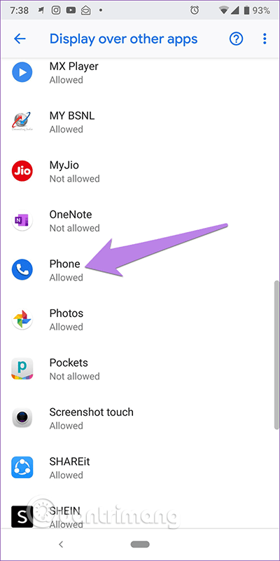Chạm vào Phone để cấp quyền