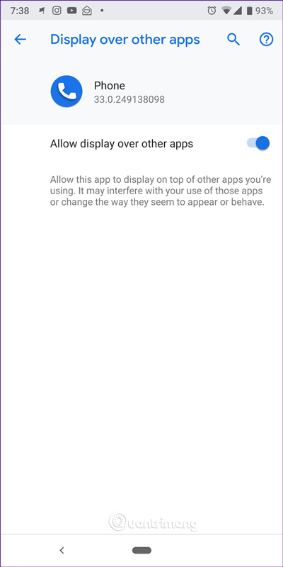 Bật Allow display over other apps