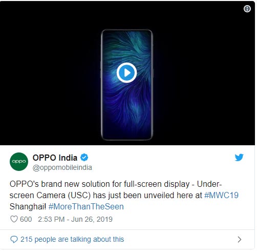 Oppo tiết lộ thông tin về cụm camera selfie tích hợp dưới màn hình trên Twitter