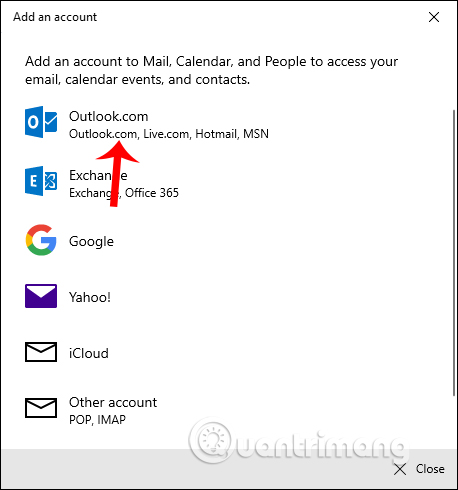 Chọn tài khoản Outlook