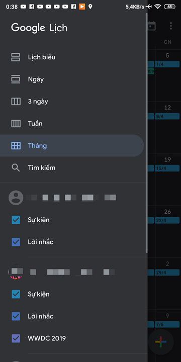 Chế độ nền tối trong Google Calendar 4