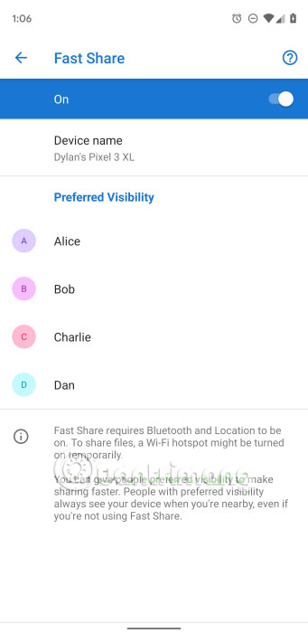 Bài viết đã kích hoạt Fast Share trên Android Q với Pixel 3 XL