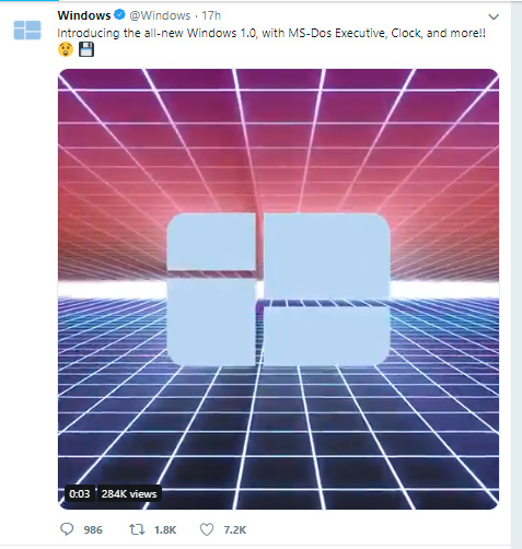 Tài khoản Windows Twitter của Microsoft đã đăng một video quảng cáo cho Windows 1.0