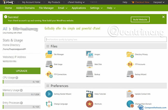 Tính năng web hosting của Godaddy