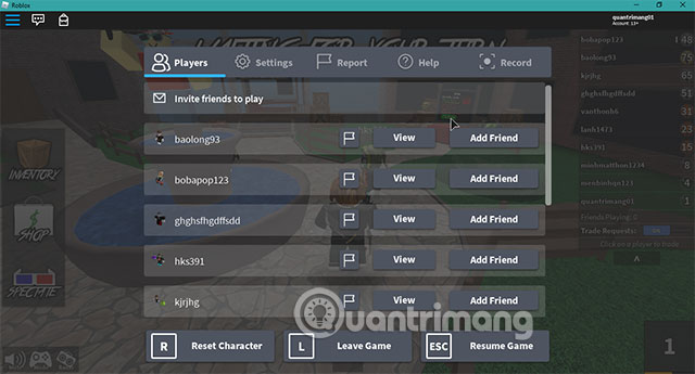 Settings game Roblox Player