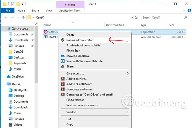 Chạy CentOS.exe để cài đặt CentOS trên Windows 10 Subsystem for Linux
