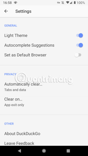 Cài đặt trong ứng dụng di động DuckDuckGo