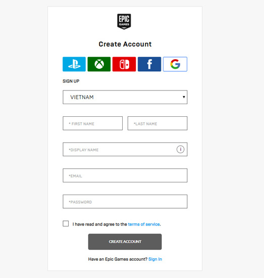 Đăng ký tài khoản Epic Games