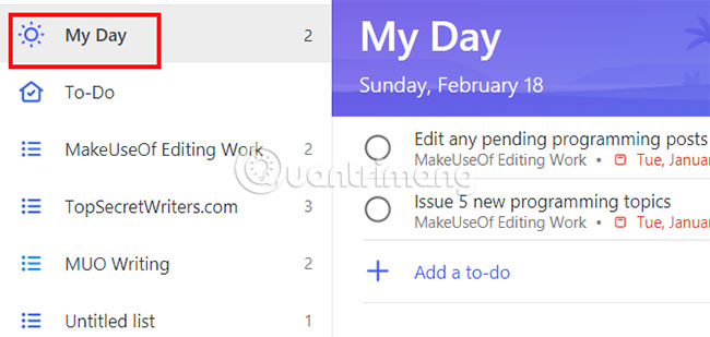 Bảng điều khiển của Microsoft To-Do