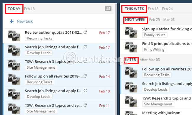 Wrike nhóm các nhiệm vụ theo ngày hôm nay, tuần này, tuần tới và sau đó