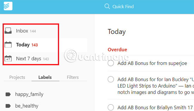 Bảng điều khiển của Todoist
