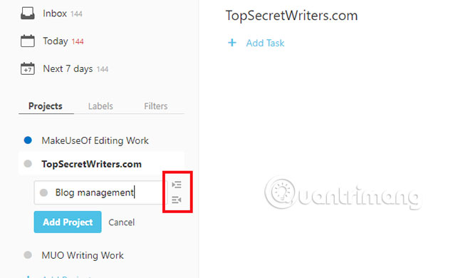 Todoist cho phép thụt lề dự án con
