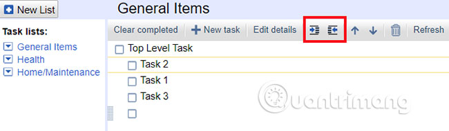 Google Tasks không có tính năng đặt danh sách con bên dưới các dự án riêng lẻ