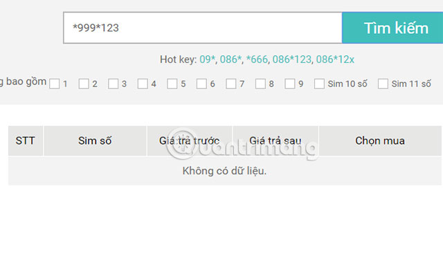 Không có dữ liệu cặp số