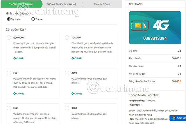 Chọn hình thức sim và gói cước