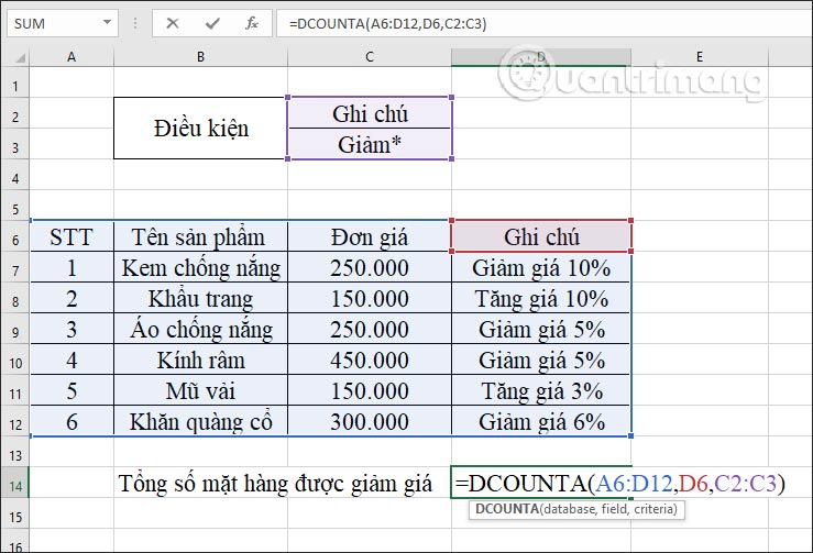 Hàm DCOUNTA, cách dùng hàm đếm ô không trống trong Excel - Ảnh minh hoạ 2