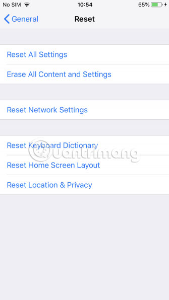 Các tùy chọn reset