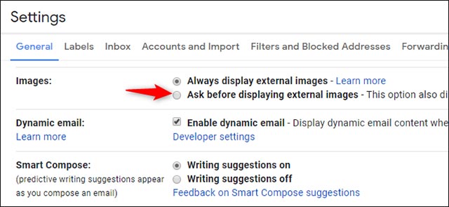 Tắt tính năng tự động load ảnh để ứng phó với tracking pixel