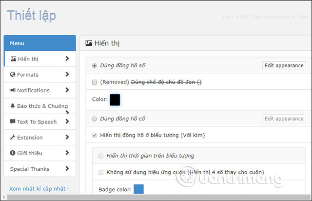 Giao diện thiết lập