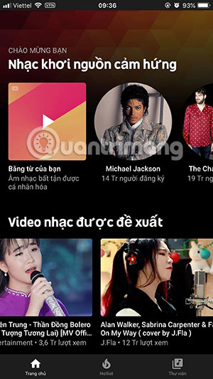 Trang nhạc đề xuất Youtube Music
