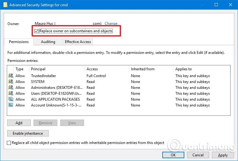 Chọn tùy chọn Replace owner on subcontainers and objects