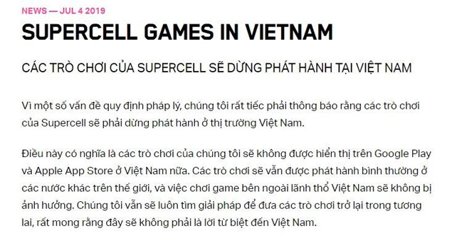 Supercell chưa xin cấp phép phát hành game nên không được tiếp tục phát hành game trong lãnh thổ Việt Nam. Ảnh chụp màn hình.