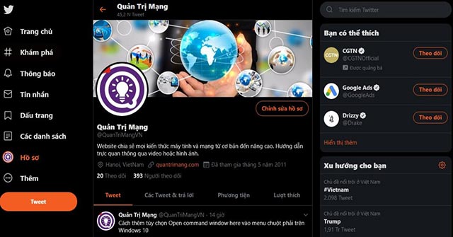 Giao diện dark mode mới của Twitter phiên bản desktop