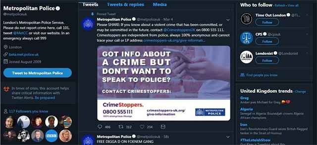 Trang chủ Twitter của Metropolitan Police sau khi bị hack