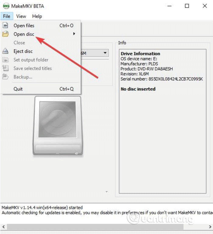 Click vào Open disc